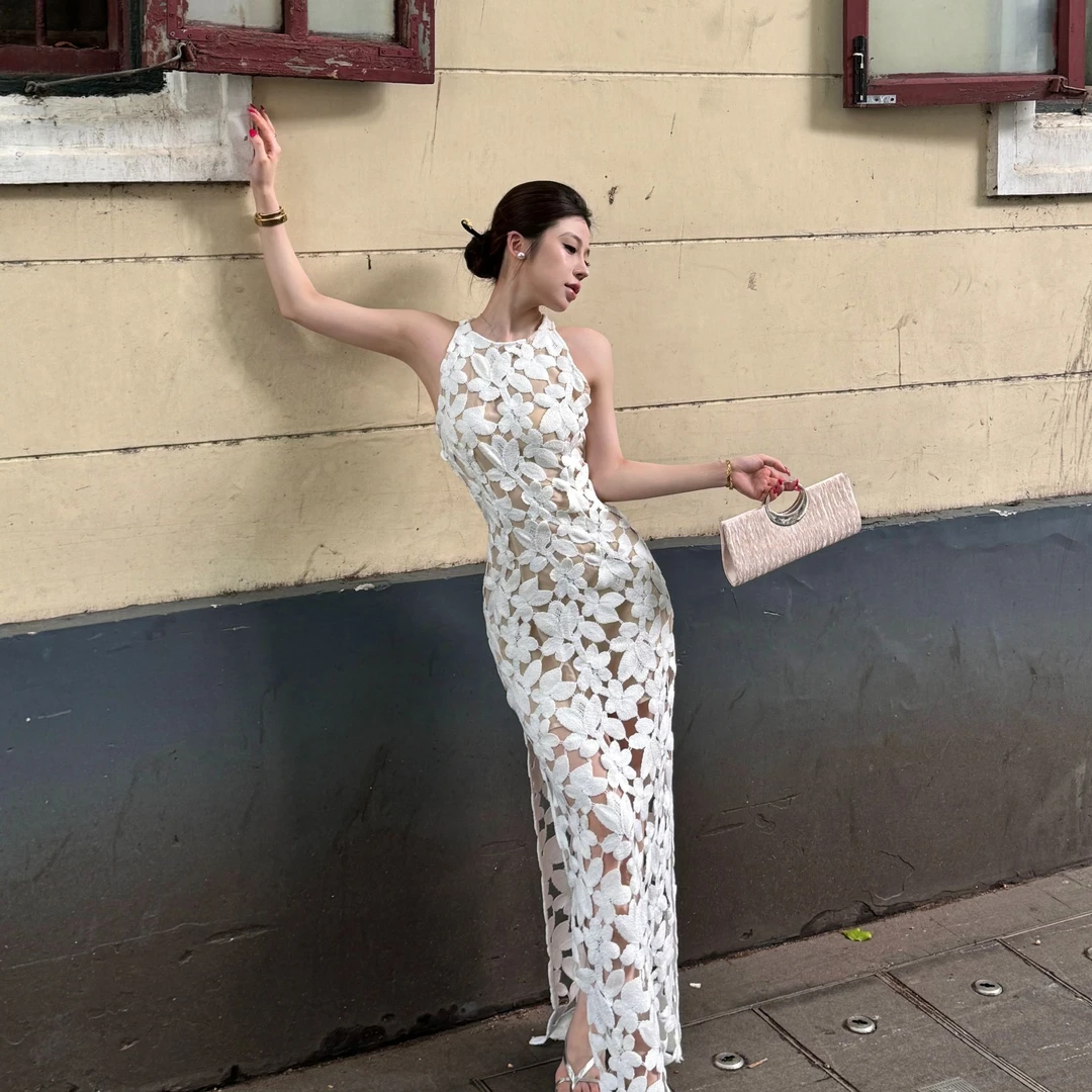 【UU】法式优雅花朵夏季新款镂空修身侧开叉显瘦连衣裙Z02 Z02-1