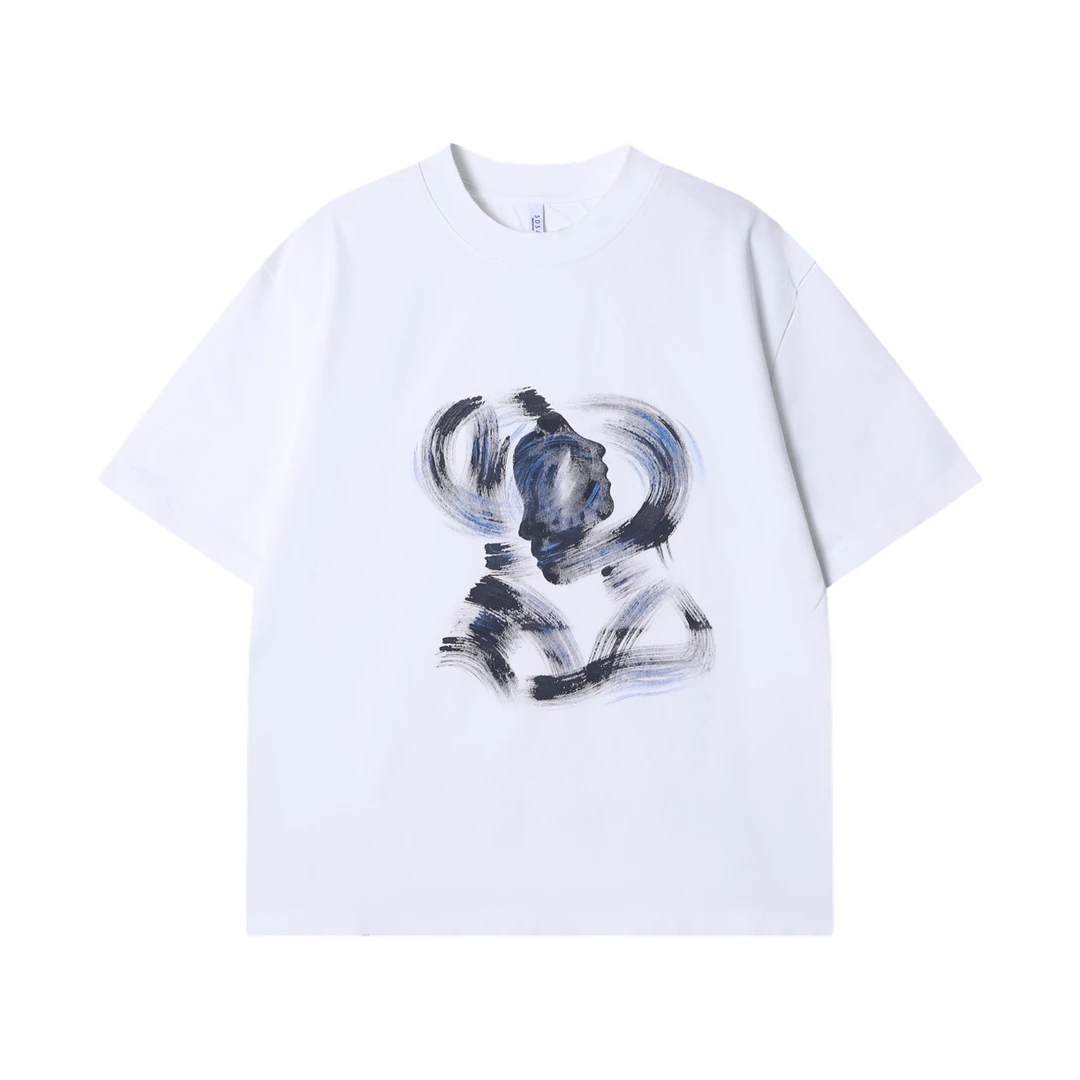 夏季高级感新款潮牌抽象手绘人物侧脸圆领短袖T恤情侣百搭上衣