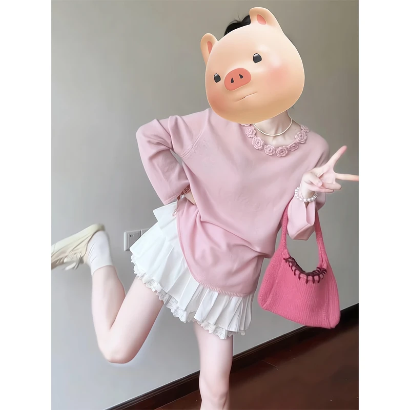 韩系长袖粉色软糯糯针织衫上衣纯欲芭蕾风刺绣蕾丝花边短裙百褶裙