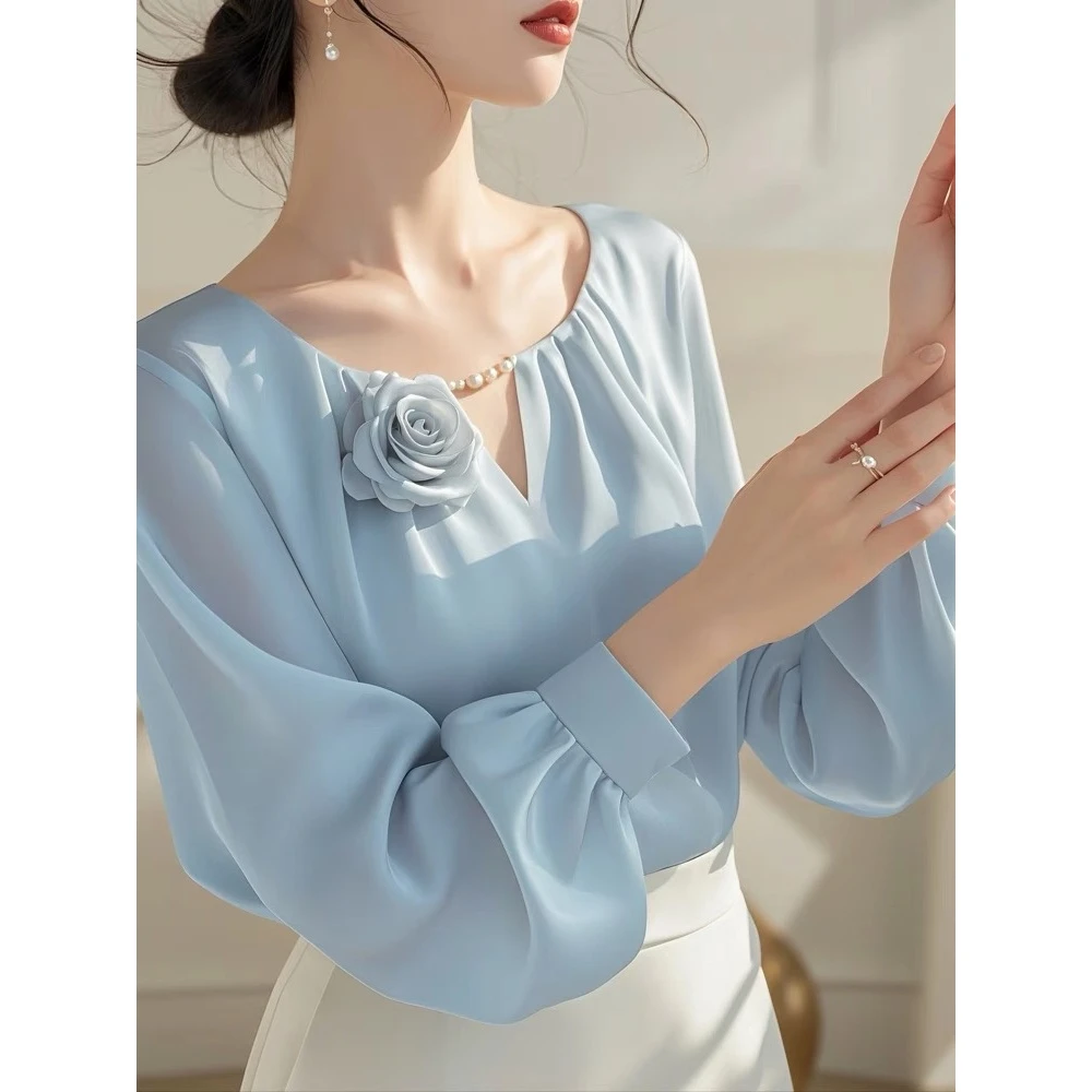 HL#Q漂亮衬衫法式轻奢蓝色长袖小衫女新款缎面衬衣上衣DY12627