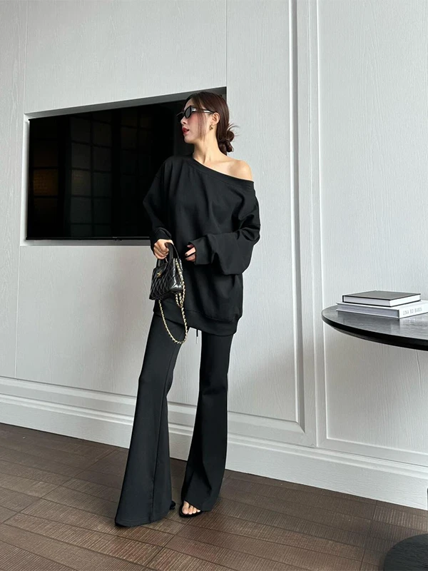 黑色休闲运动套装女早秋2025新款韩系小众时尚斜着卫衣长裤两件套