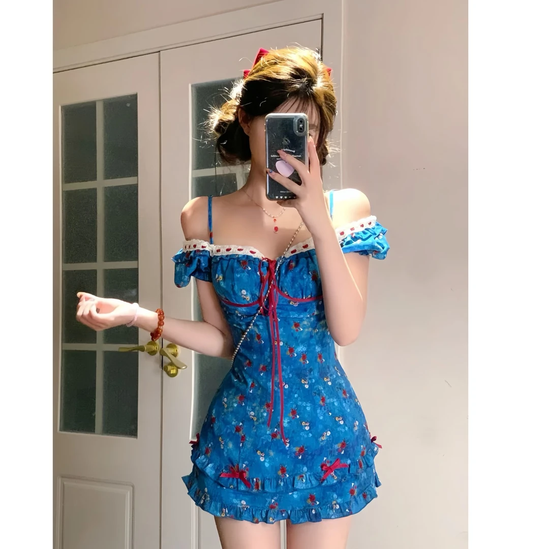 青珐琅雪 夏季甜美修身收腰显瘦碎花短款纯欲约会海边度假连衣裙