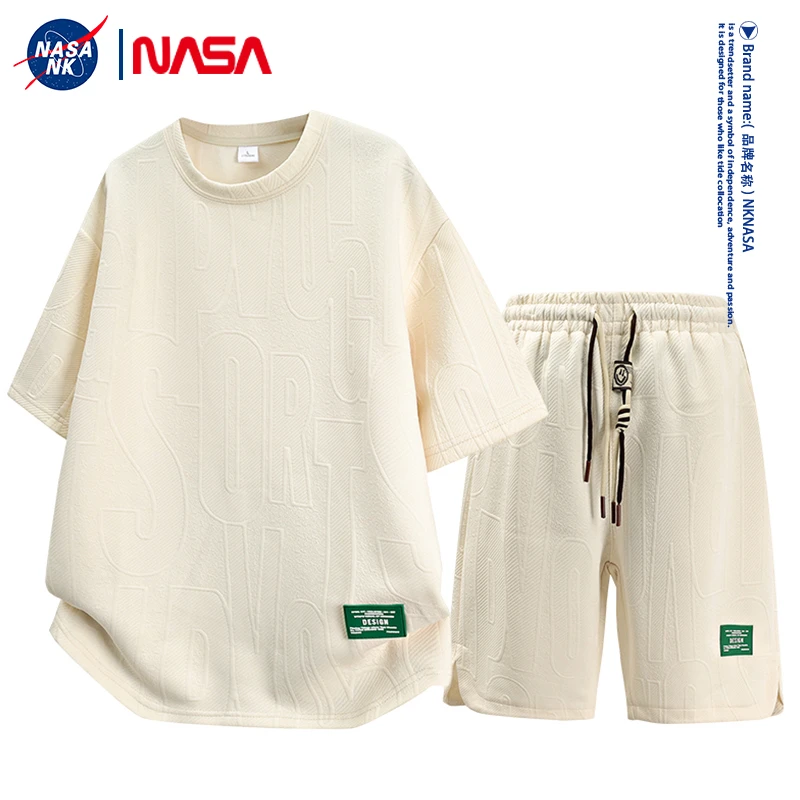 NASA联名青少年提花冰丝两件套男士夏季2025新款短袖短裤潮流套装
