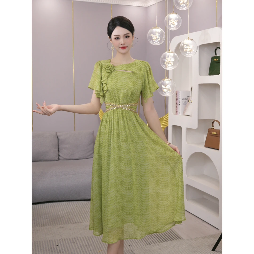 2025年夏季新款【H-X562】法式高腰气质荷叶边绿色烫钻设计连衣裙子