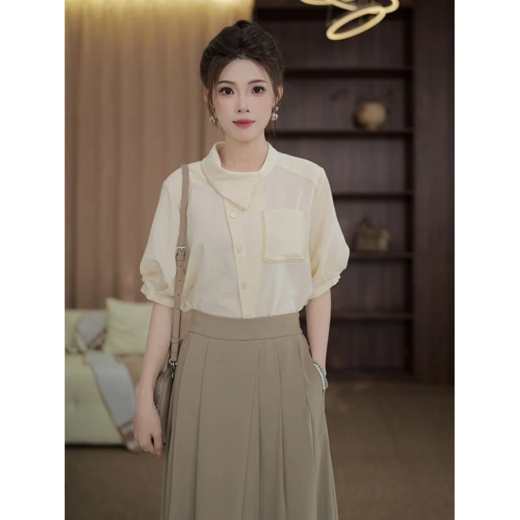 TITI定制【翩翩之境】轻奢气质纯色短袖衬衫宽松显瘦上衣TL3903274