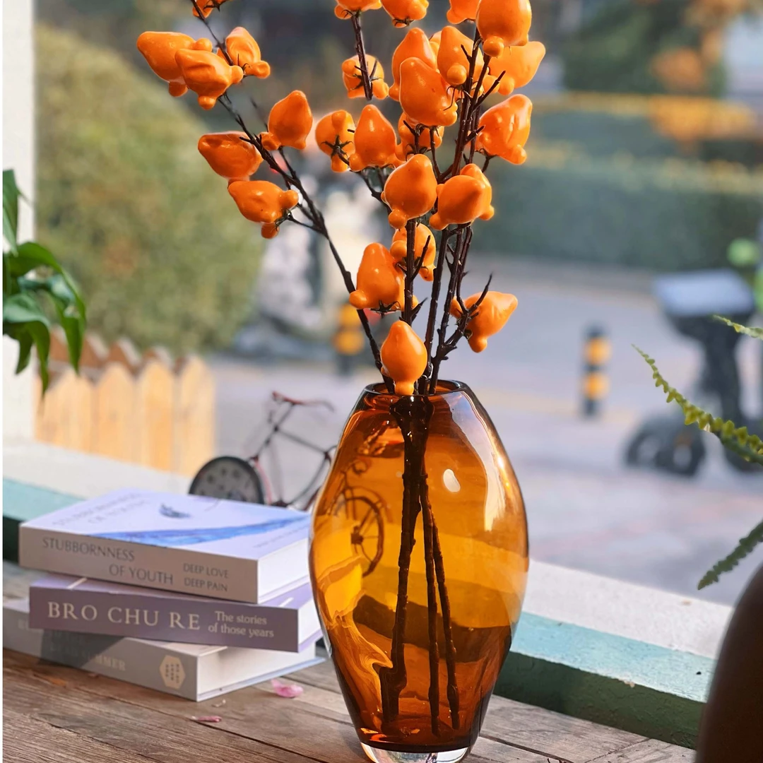 金珀大号琥珀轻奢家居家用琉璃工艺透明玻璃花瓶客厅插花年宵新年