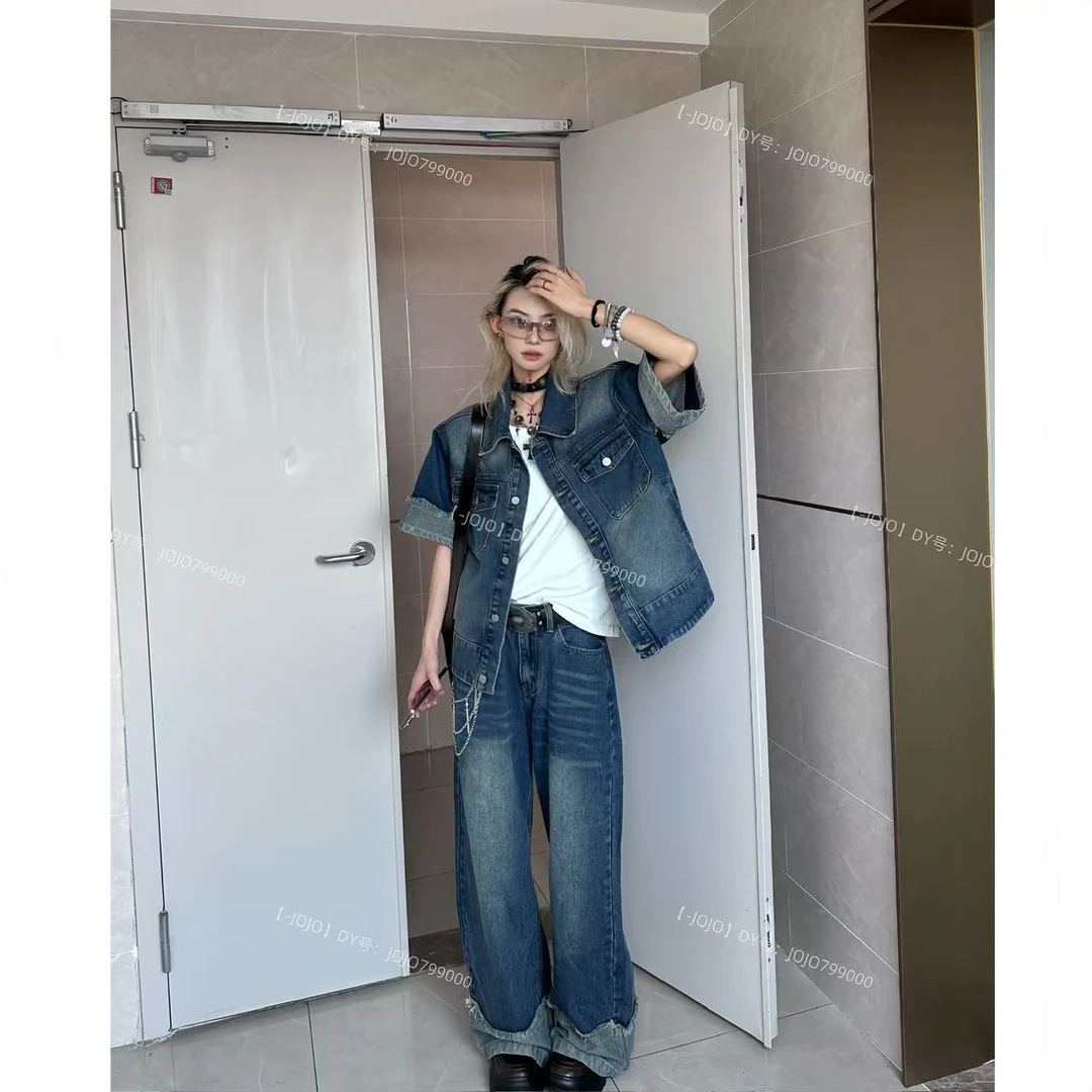 夏季水洗拼接毛边时尚牛仔衬衫男潮牌宽松百搭牛仔裤套装男装