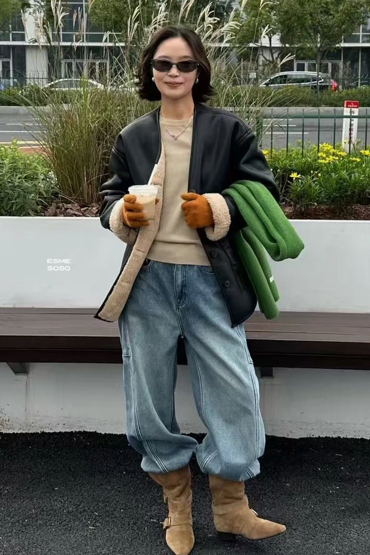 【V领黑皮】高定保暖超暖皮毛一体外套