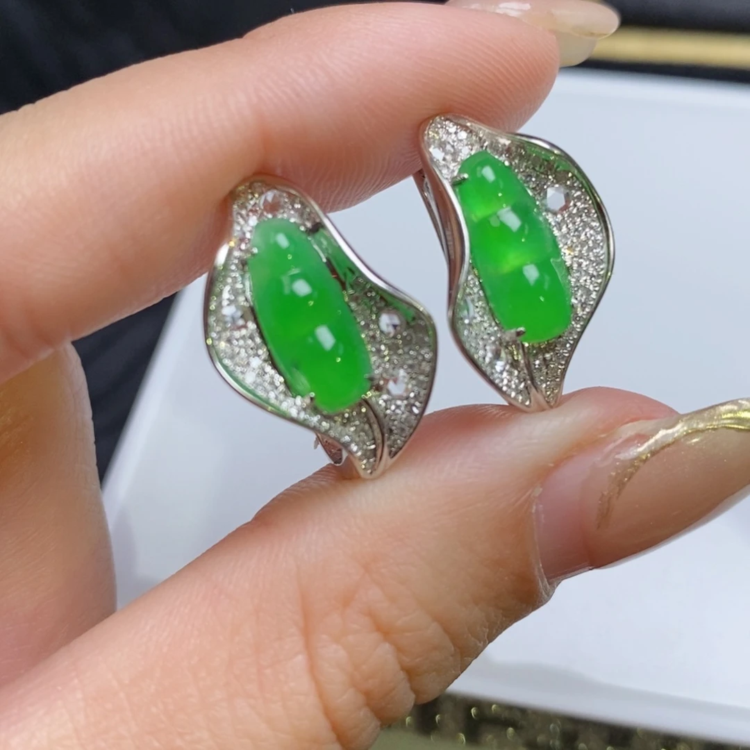 翡翠18K金镶嵌耳饰福豆耳包