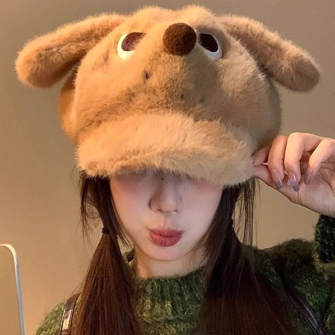 愤怒小狗毛绒耳朵可爱卡通鸭舌帽子学生冬季毛茸茸保暖大版棒球帽