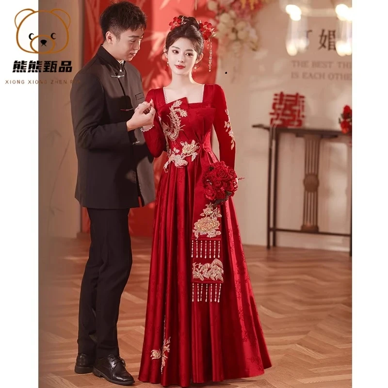 新娘红色夏季新中式出阁订婚宴礼服裙秋季修身敬酒服mm黑色日常