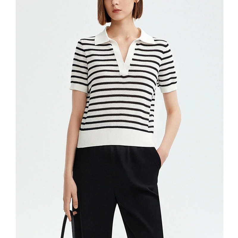【朗*订单】针织短袖T恤气质夏季新款复古撞色条纹针织衫0071