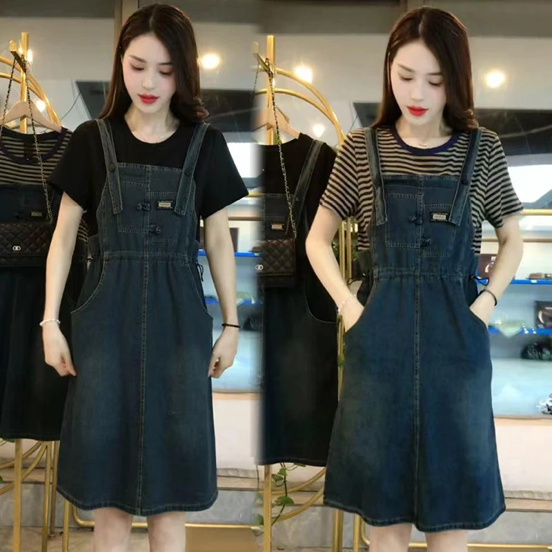 高含棉休闲连衣裙套装女2025年夏季新款气质条纹短袖背带裙两件套