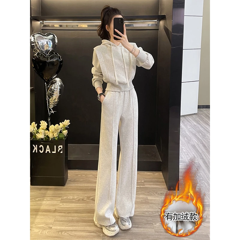 时尚运动卫衣套装显瘦休闲连帽宽松冬季两件套女秋冬长袖灰色女装