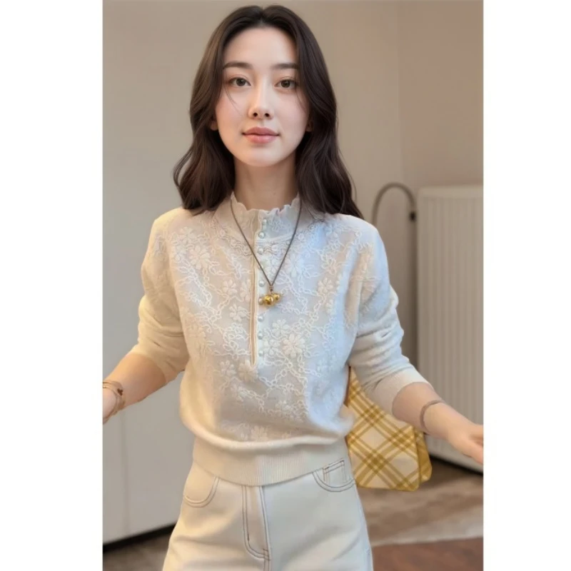 新款立领袖口镂空纽扣高级气质毛针织上衣LK2507957