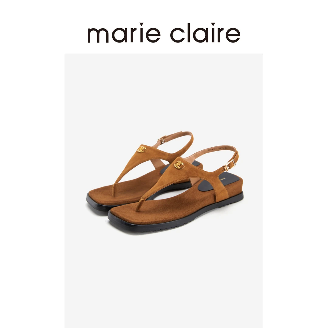 MC女鞋焦糖棕羊猄方头人字mc扣凉鞋marieclaire女鞋