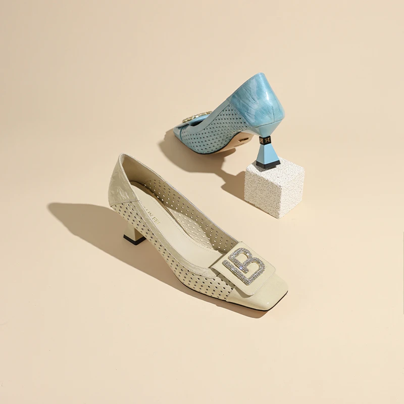 圣琳妃/羊皮/5CM气质方头水钻粗跟单鞋女夏季高跟百搭女鞋D20119