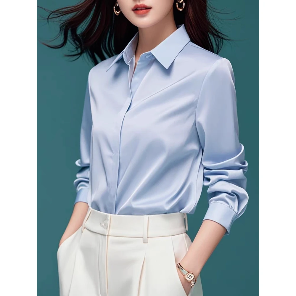 气质时尚缎面衬衫女春秋季2025新款长袖百搭职业衬衣休闲内搭上衣