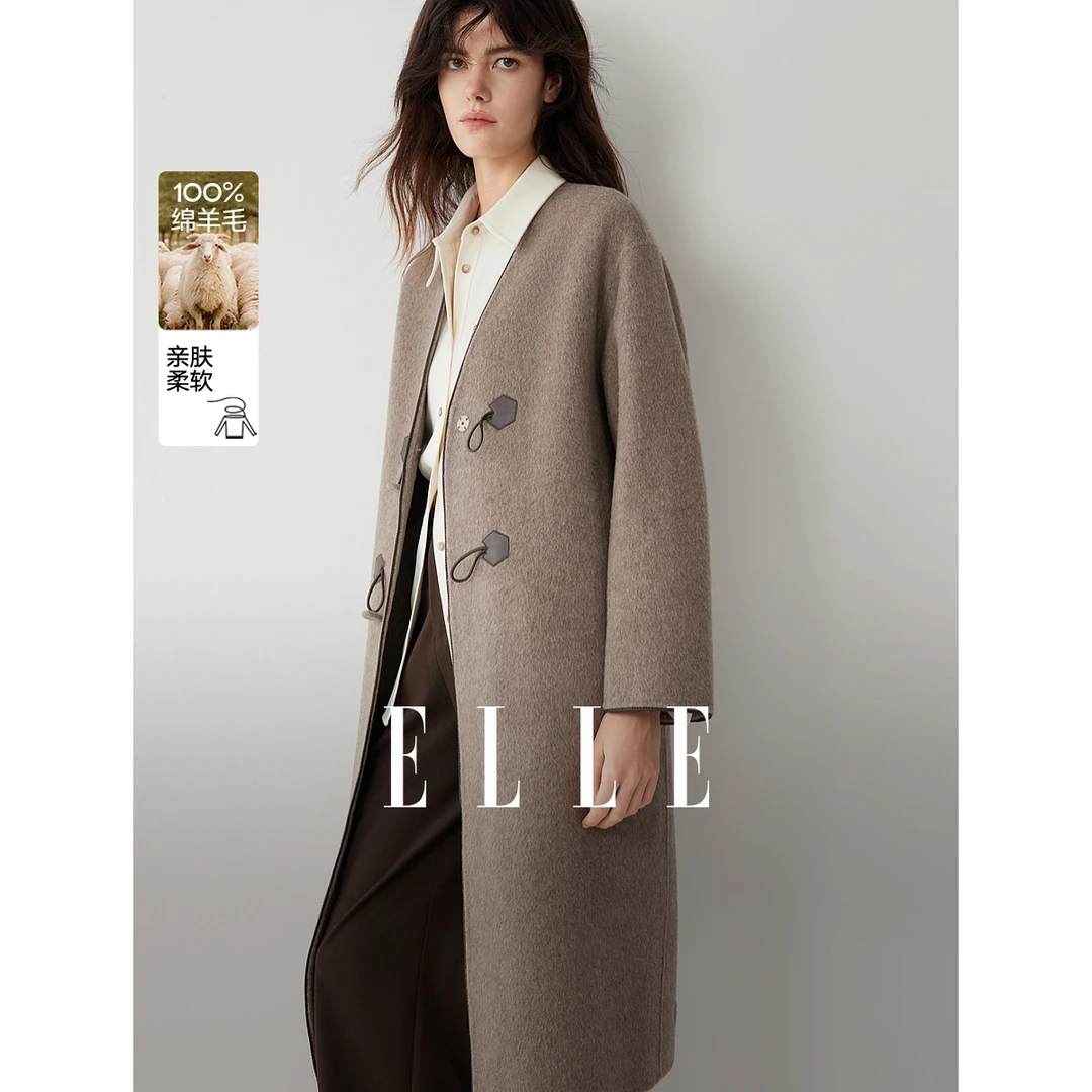 【100%绵羊毛】ELLE女装双面呢大衣2025冬新款毛呢外套EN52811