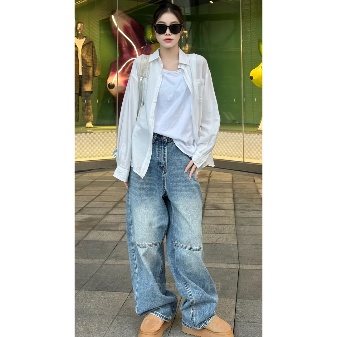 春季新款[翻盖设计]中腰阔腿翻盖设计浅牛仔女款阔腿裤XC33013