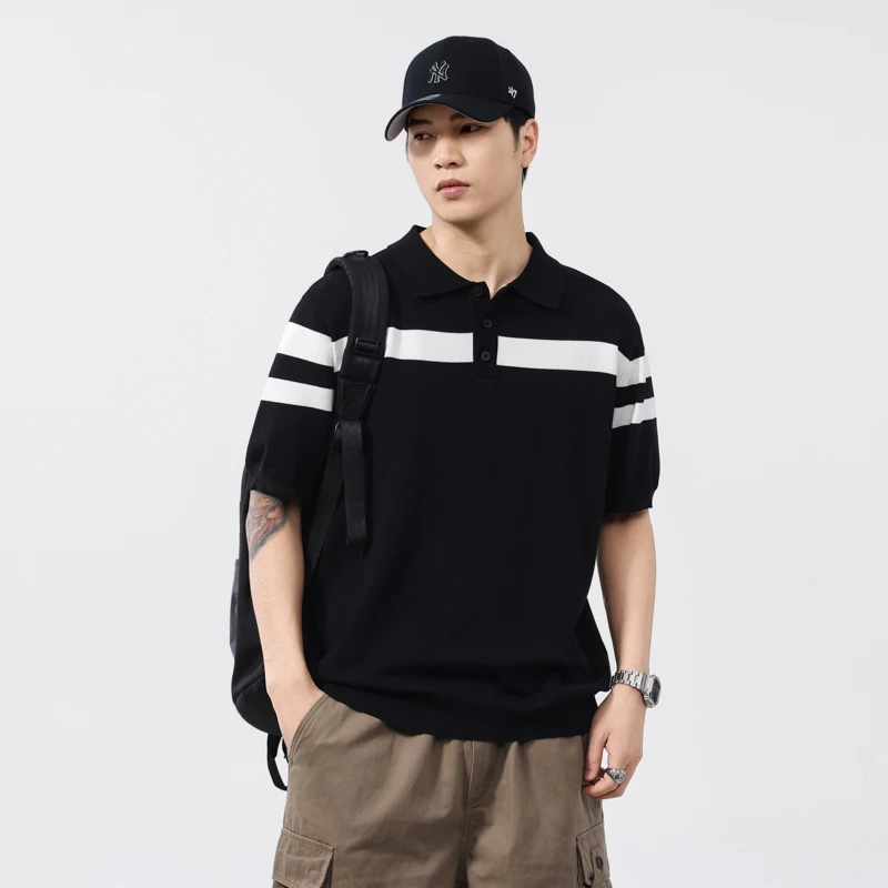 赤单6913撞色polo衫男短袖夏季薄款宽松百搭休闲翻领针织凉感T恤