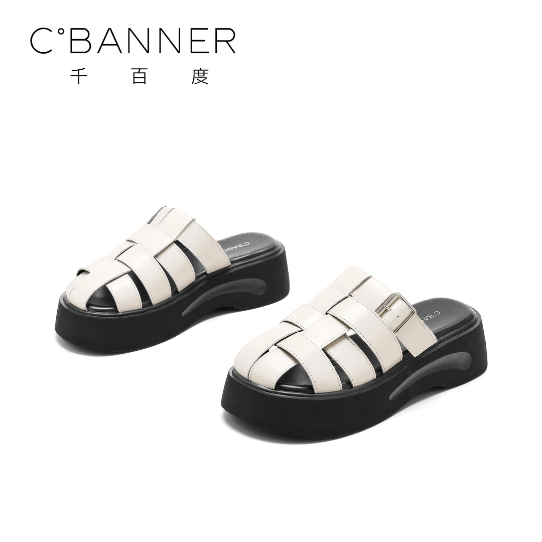 C.BANNER/千百度厚底编织罗马拖鞋2025新款包头半托百搭猪笼凉拖