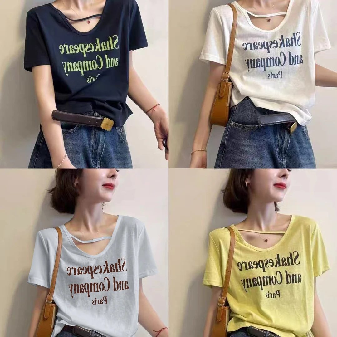 2025夏季新款简约收腰显瘦字母休闲印花短袖T恤女短款洋气上衣女