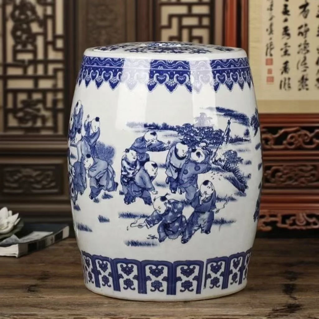 高43肚径32景德镇陶瓷青花百子图大米缸40-50斤装