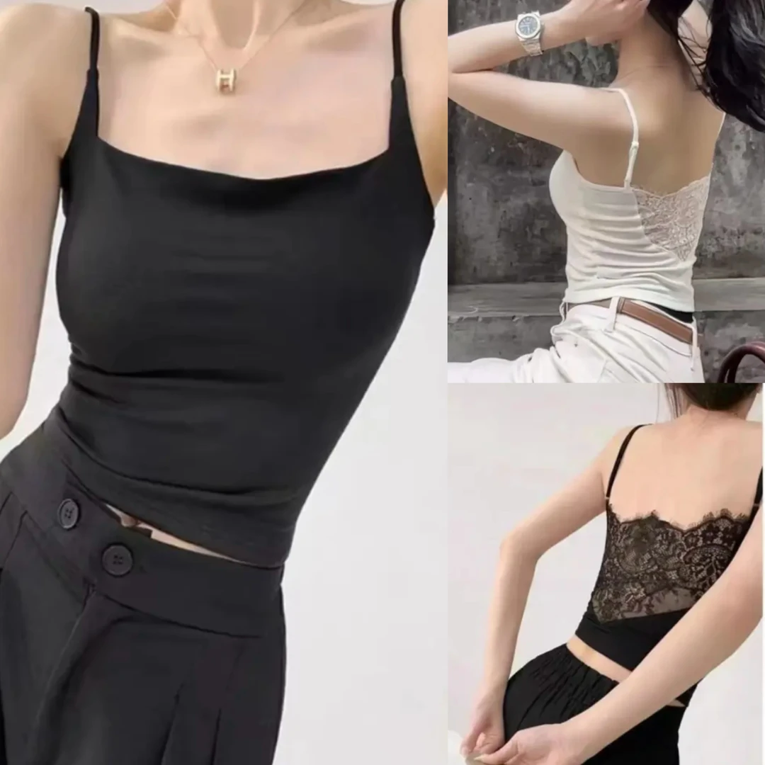 2025春季新款 设计感露背蕾丝吊带背心打底衫一体杯内搭性感上衣