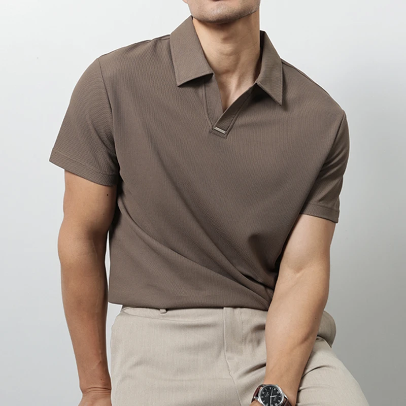 男士短袖翻领polo衫修身透气休闲潮流小V领夏季上衣百搭半血T恤衫