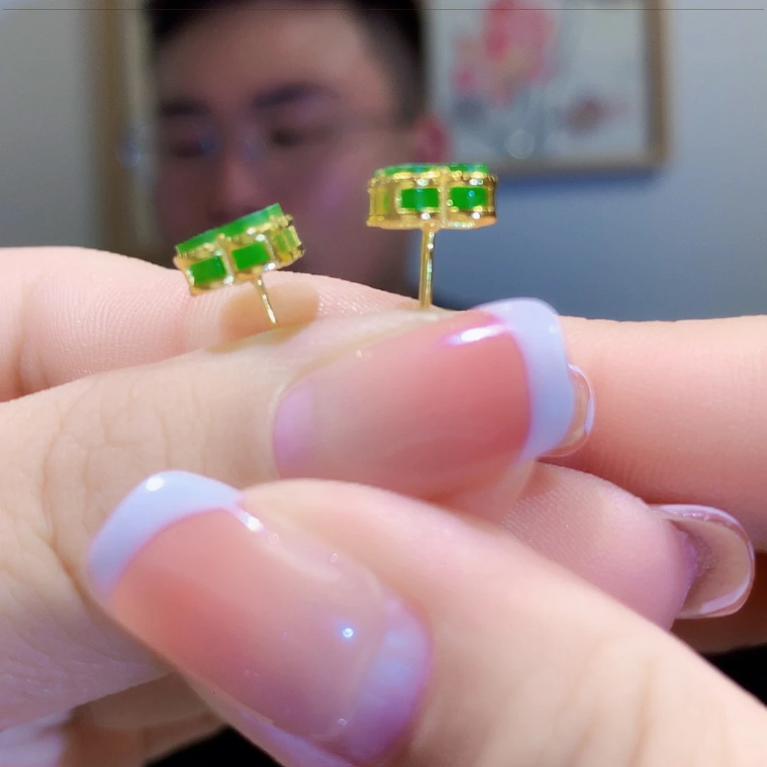 和田玉（碧玉）耳饰银S925镀金镶嵌