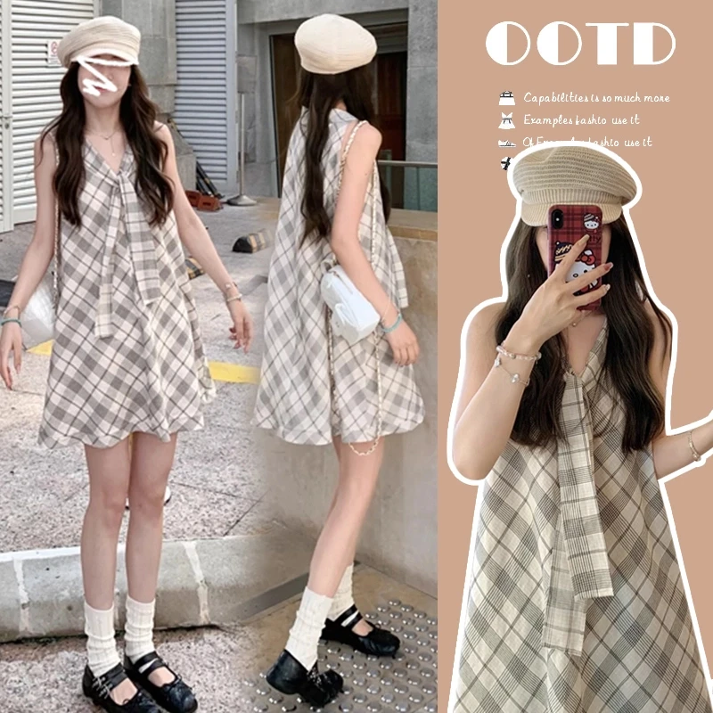孕妇连衣裙夏季新款时尚韩版小个子中长款格子海军领显瘦背心裙子