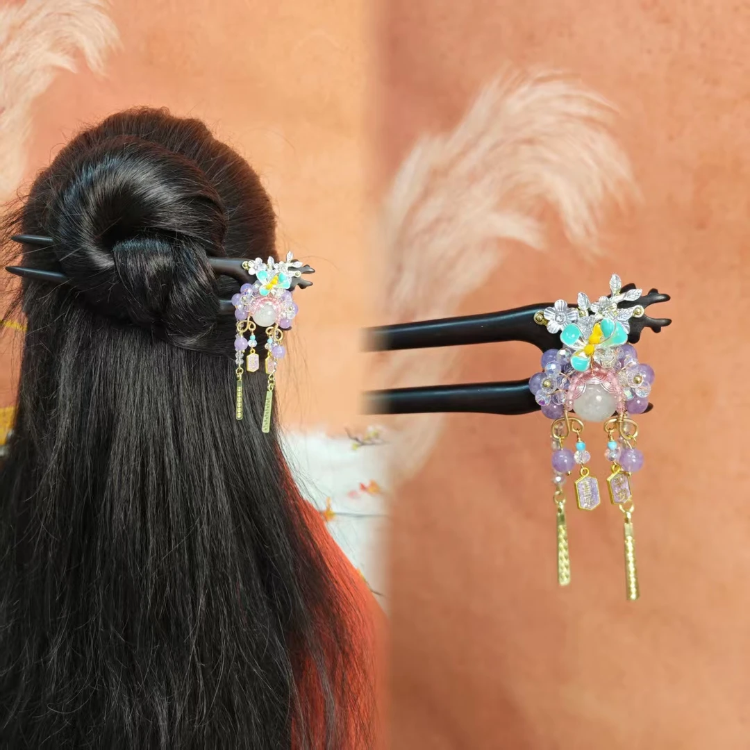 炑歌T16原创紫色刀马旦15公分双钗长流苏百搭中国风发簪