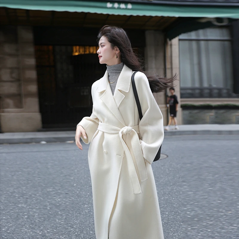 2025秋冬中长款宽松时尚白色双面绒毛呢外套女时髦小个子呢子大衣