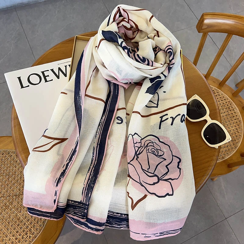 Miss Silas春夏时尚保暖洛神香玫瑰棉麻围巾小香风洋气靓丽披肩女