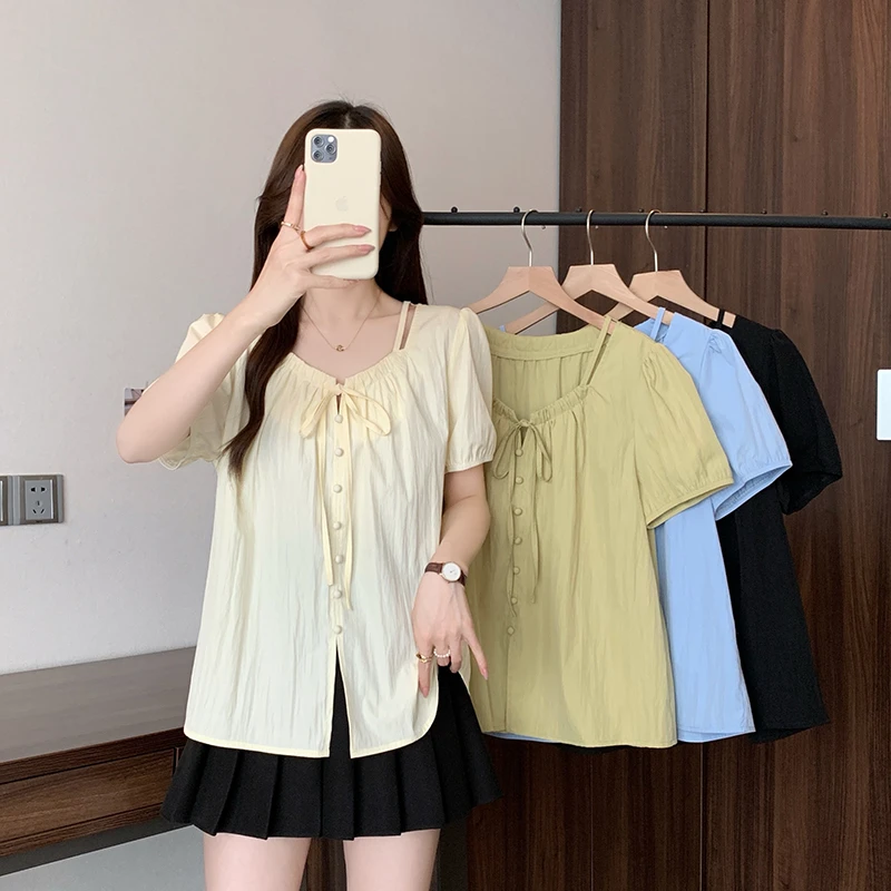 【运费补贴】夏款胖mm大码女时尚设计感显瘦遮肉镂空短袖上衣21659