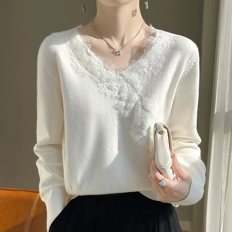 商场同款正品100%羊毛衫V领设计感蕾丝女2025新款洋气针织打底衫