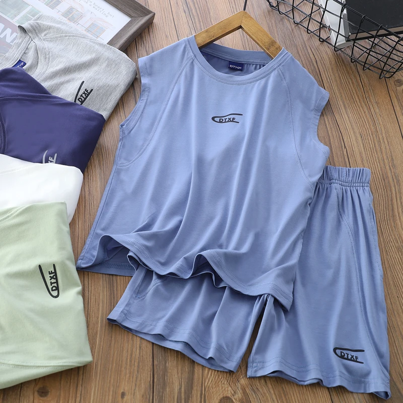 男童夏季新款纯色背心套装中大童清凉透气无袖短裤两件套6305