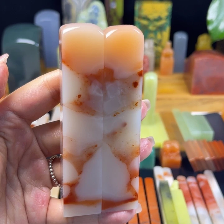 青田石印石老挝石水洞桃花对章2.0×10.0