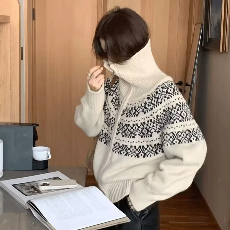 时尚慵懒风针织开衫女2025冬季新款韩版小个子复古宽松毛衣外套潮