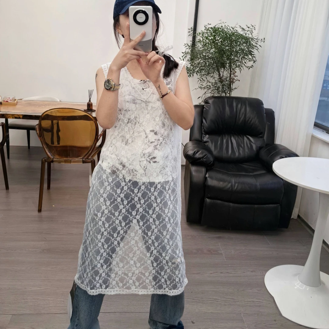 韩系透视蕾丝无袖罩衫背心裙春季新款宽松显瘦百搭中长款连衣裙