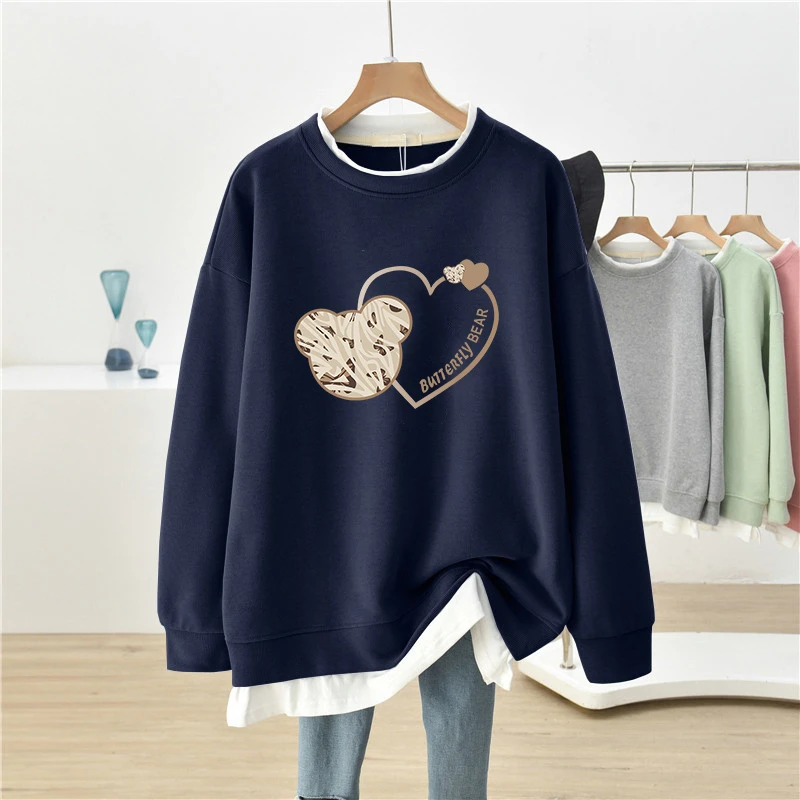 秋冬新款宽松显瘦假两件胖mm卫衣外套大码加绒加厚遮肚中长款上衣