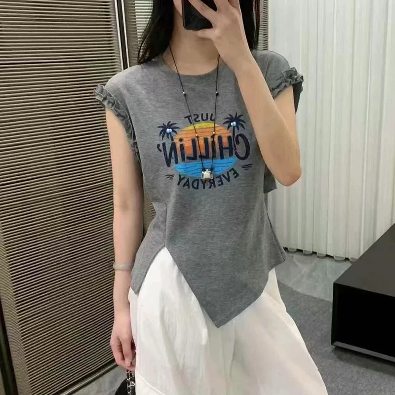 卡莲格/美式花边开叉印花T恤女夏季新款修身显瘦小飞袖设计感上衣