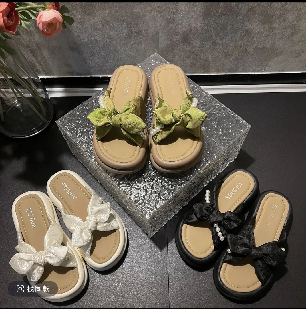 2025夏季新款蝴蝶结珍珠时尚百搭休闲仙女风百搭厚底舒适拖鞋-5CM