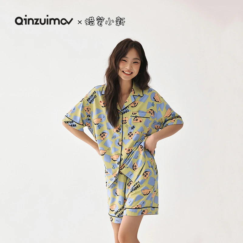 亲嘴猫【蜡笔小新】夏季短袖短裤睡衣女士莫代尔棉小清新家居服套装