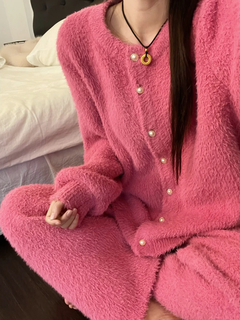 法式温柔甜美纯色开衫珊瑚绒睡衣女款冬季简约保暖舒适家居服套装