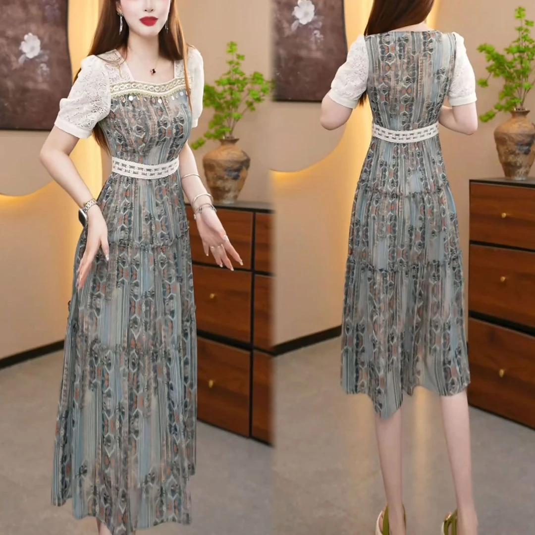 夏季爆款收腰印花蕾丝拼接复古连衣裙优雅中长款气质显瘦修身长裙