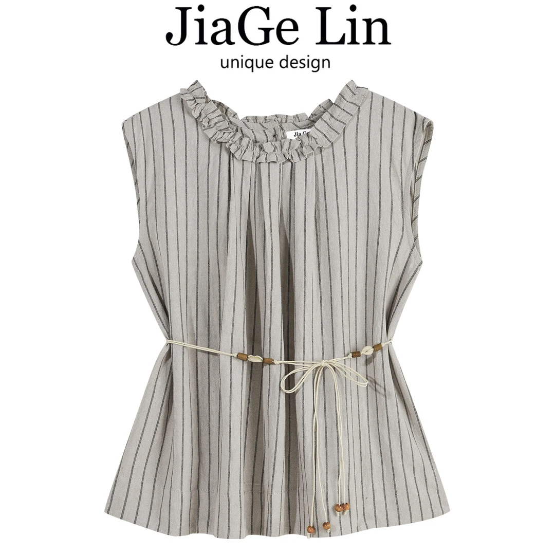 JiaGeLin韩系简约设计感条纹无袖衬衫收腰显瘦小衫女夏季气质上衣