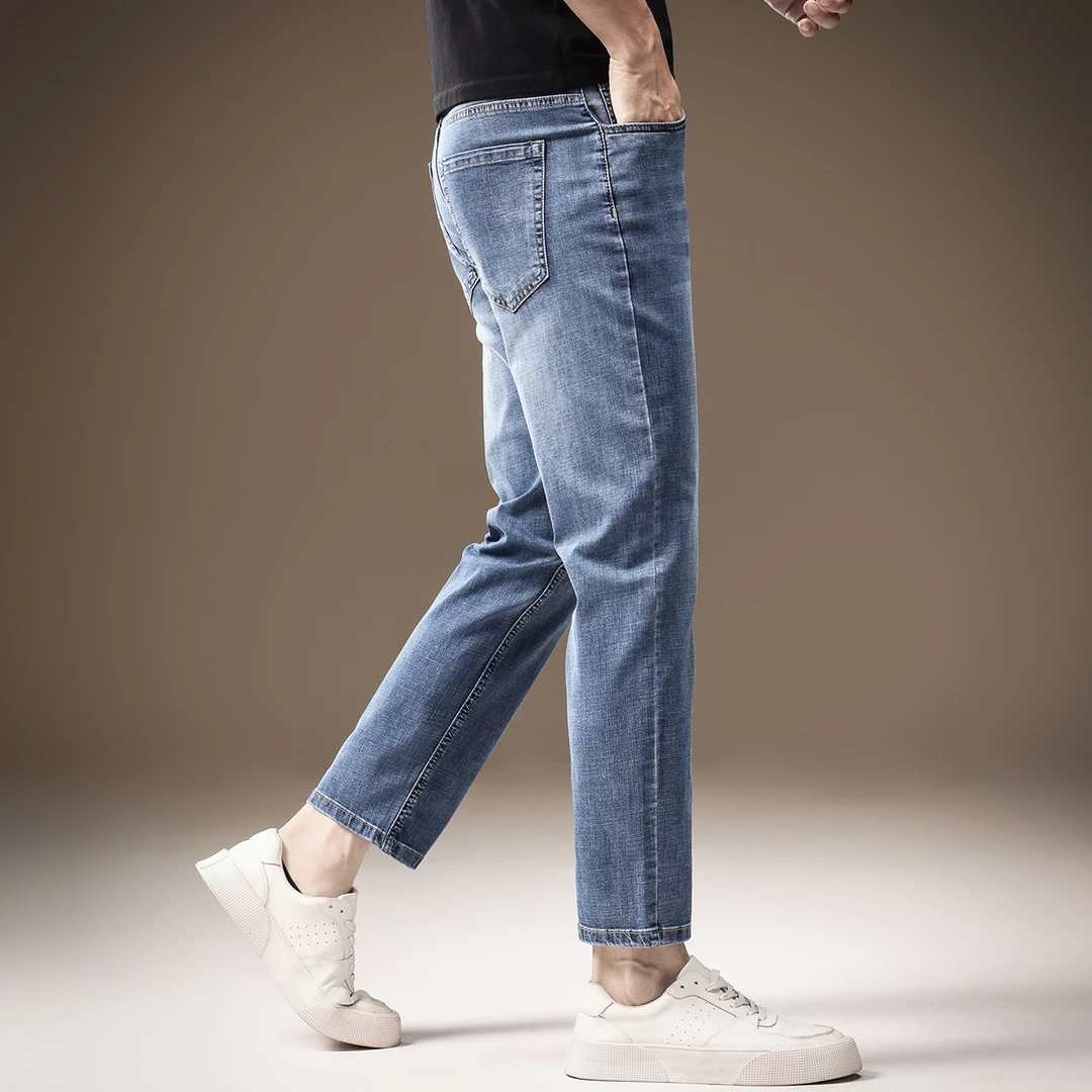 高端复古冰丝薄款凉感九分牛仔裤男士夏季新款微弹商务修身休闲裤