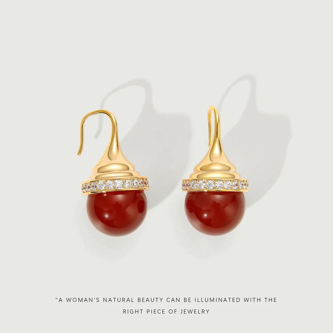铜合金合成锆石耳饰 【朱红】经典法式高级感新年限定耳钉A326